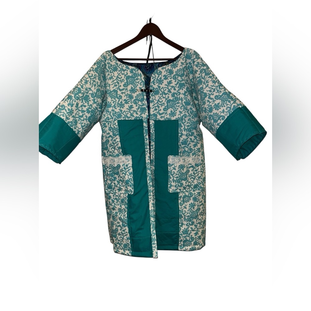 Handmade One-of-a-Kind Teal and White Patterned Bog Coat